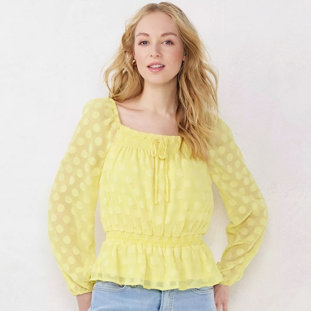 Lauren Conrad Yellow Smocked Squareneck Peplum Top Polka Dot Blouse NWOT